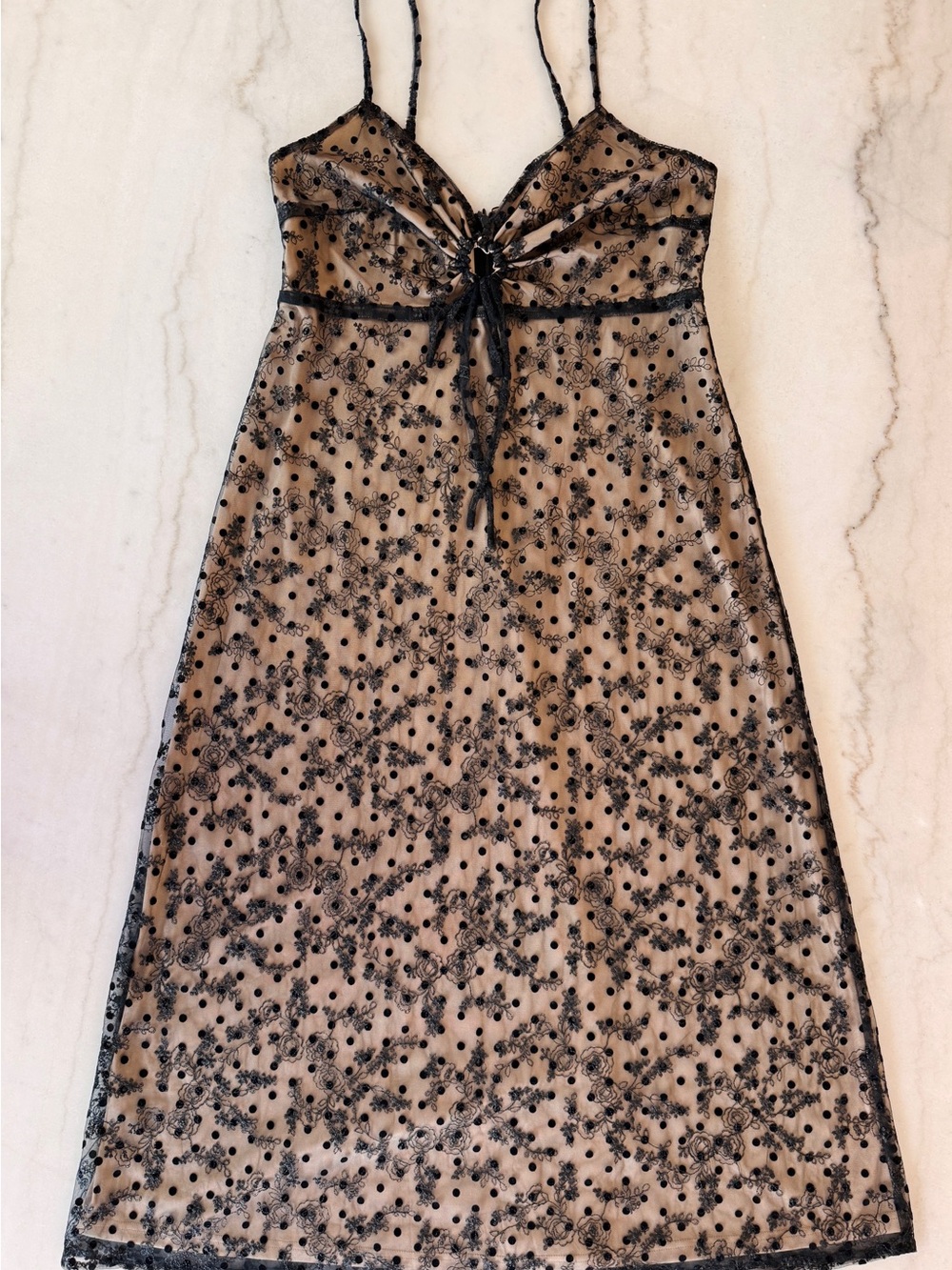 Black Embroidered Midi Slip Dress with Spaghetti Straps